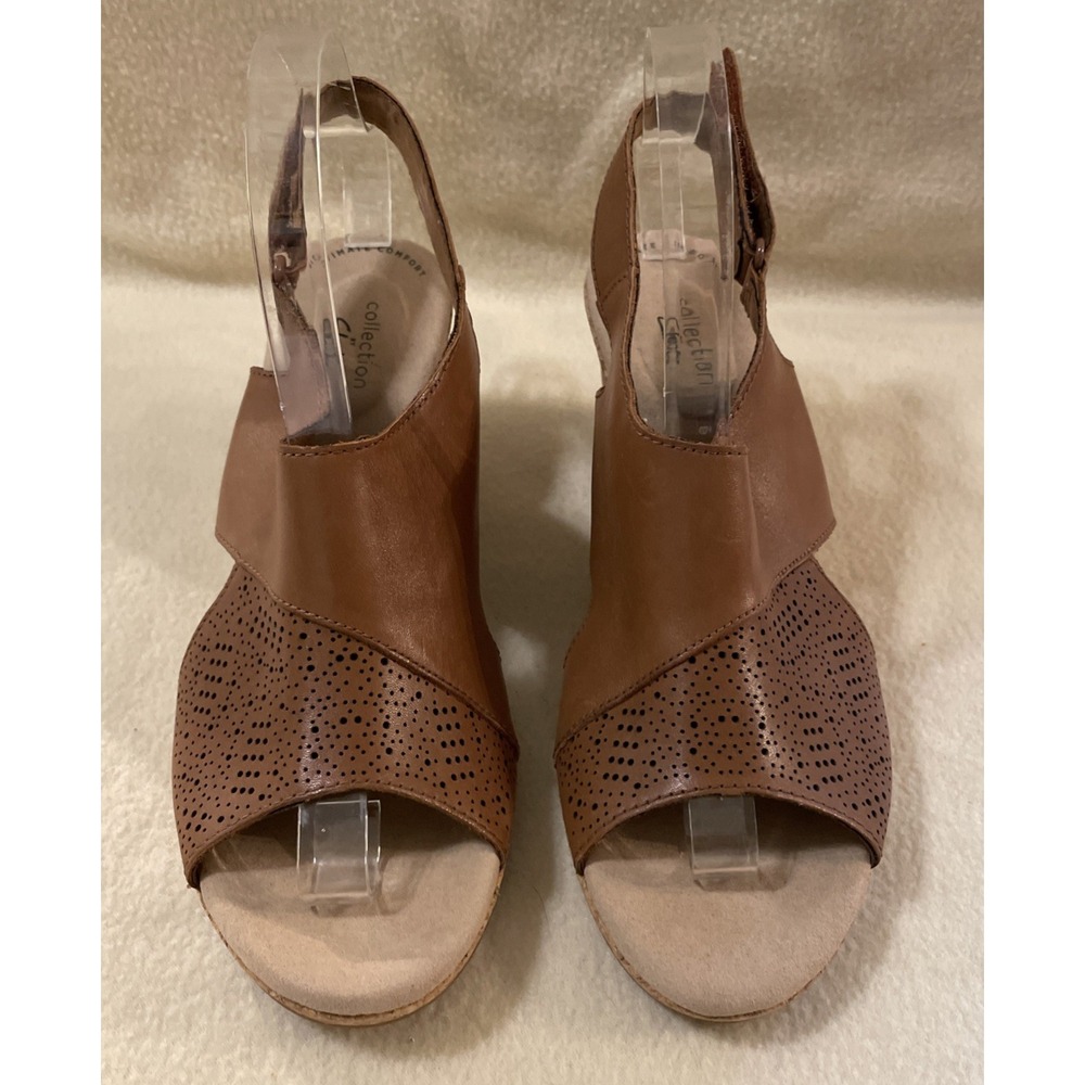 Women's Clarks Lafley Joy Wedge Sandals Shoes Tan Leather Sling Back 9.5 NWT